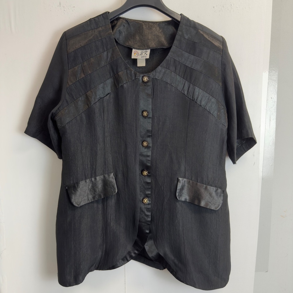 Vintage 3K Fashion Black Rayon Short Sleeve Button Up Blouse Top XL Made in USA